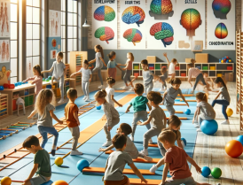 DALL·E 2023-11-14 10.17.18 - Children, aged 8, of diverse descents and genders, are engaging in motor exercises for brain development in a spacious, well-lit classroom. They are i